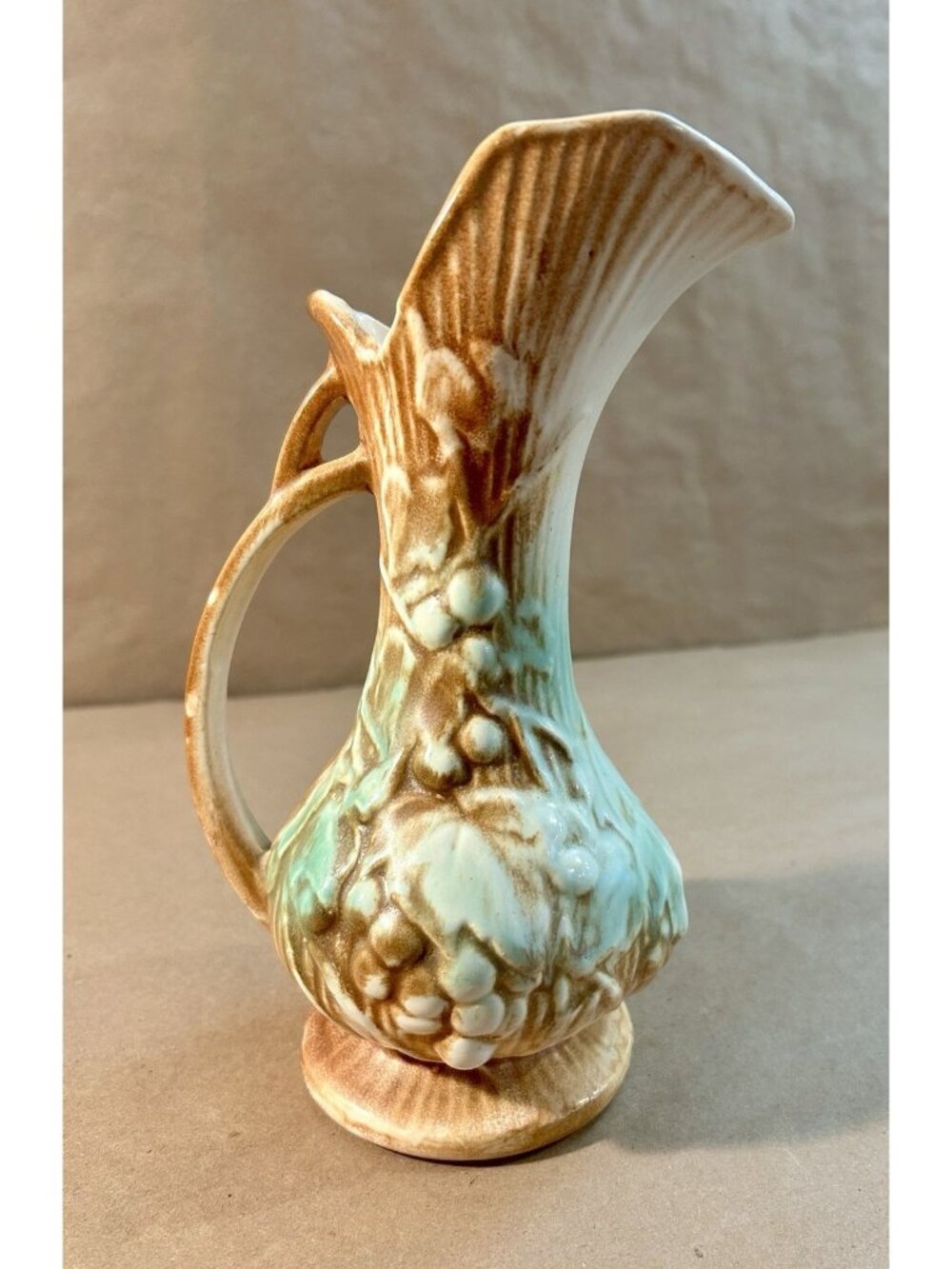 Vintage McCoy Art Pottery Ewer Pitcher/Vase Grapevine- Brown & Green- 9" Tall